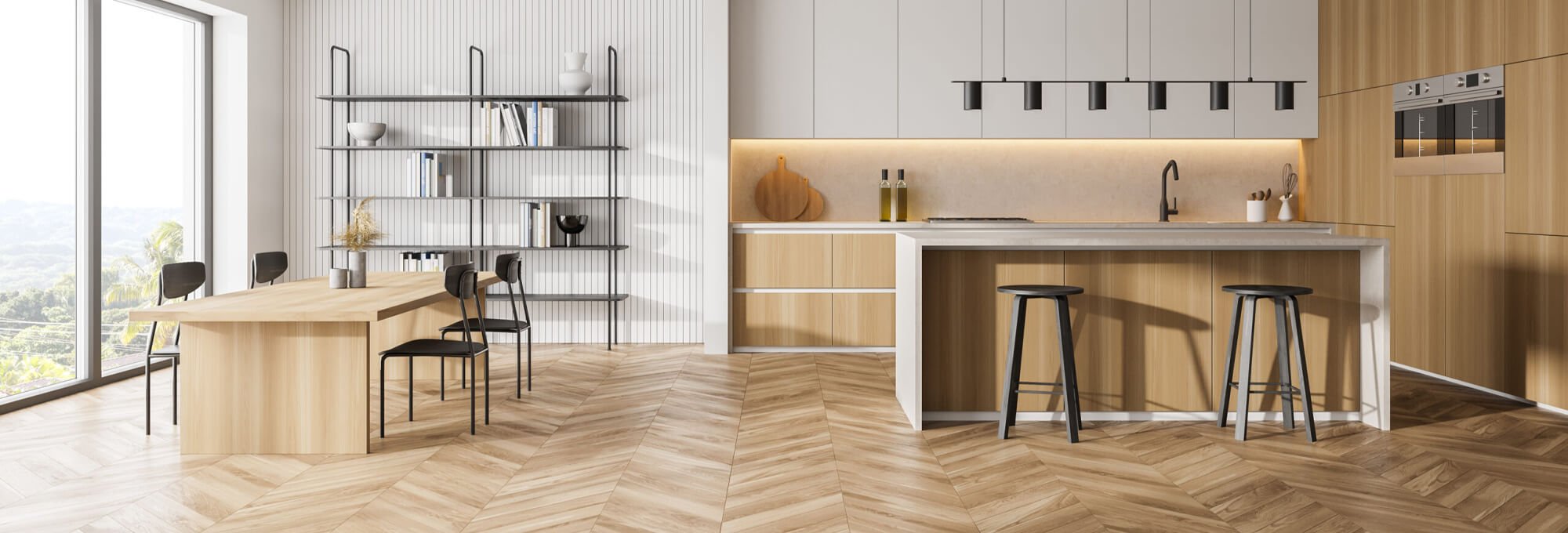 herringbone patterned hardwood in bright kitchen Carpet Center CA Windsor in Windsor