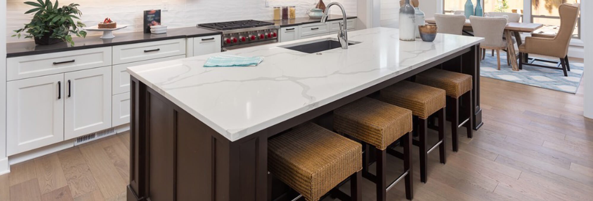 white quartz countertop installed on large kitchen island